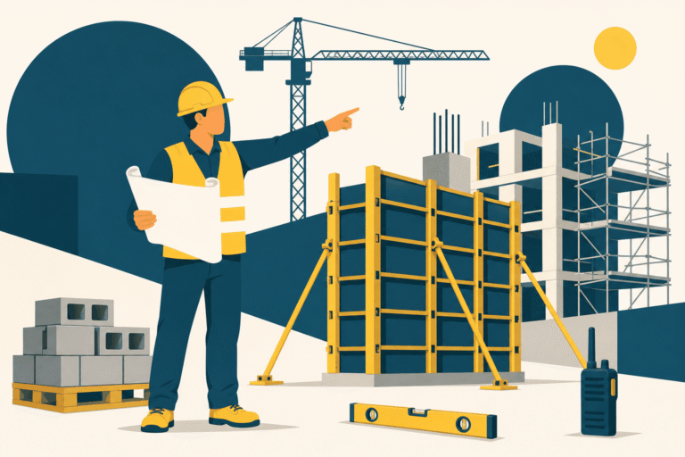 Illustration d'un chef de chantier avec casque et gilet jaune dirigeant les travaux sur un chantier de construction, plan à la main, grue et échafaudage en arrière-plan
