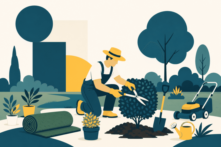 Illustration d'un jardinier paysagiste taillant une haie avec sécateur, rouleau de gazon et arrosoir, style One Tilt
