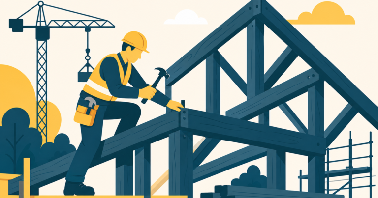 Charpentier assemblant une charpente en bois sur un chantier, illustration One Tilt