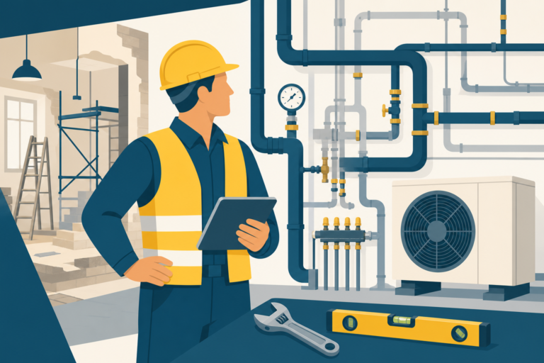 Chef de chantier plomberie-chauffage sur réseaux sanitaires et chauffage, illustration One Tilt