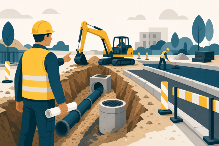 Chef de chantier et intérimaires sur un chantier de travaux publics en Île-de-France