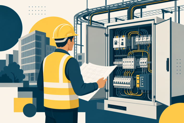 Conducteur de travaux électricité devant armoire CFO et plans, illustration One Tilt