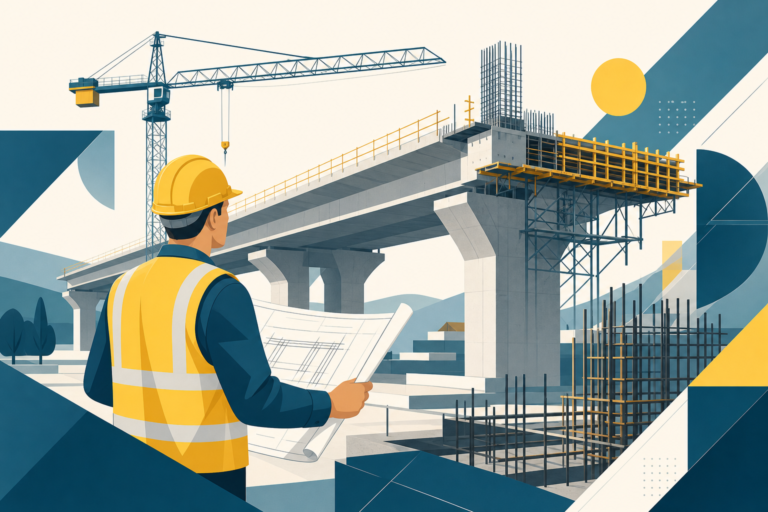 Conducteur de travaux génie civil devant ouvrage d'art et plans, illustration One Tilt