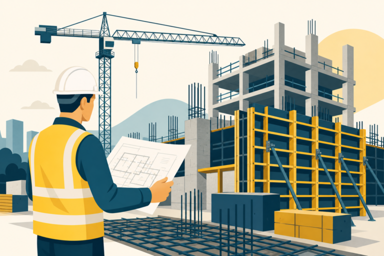 Conducteur de travaux gros œuvre sur chantier béton avec coffrage et grue, illustration One Tilt