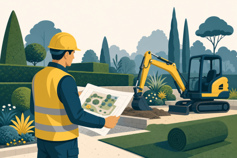 Conducteur de travaux paysagers sur aménagement végétal avec plans, illustration One Tilt