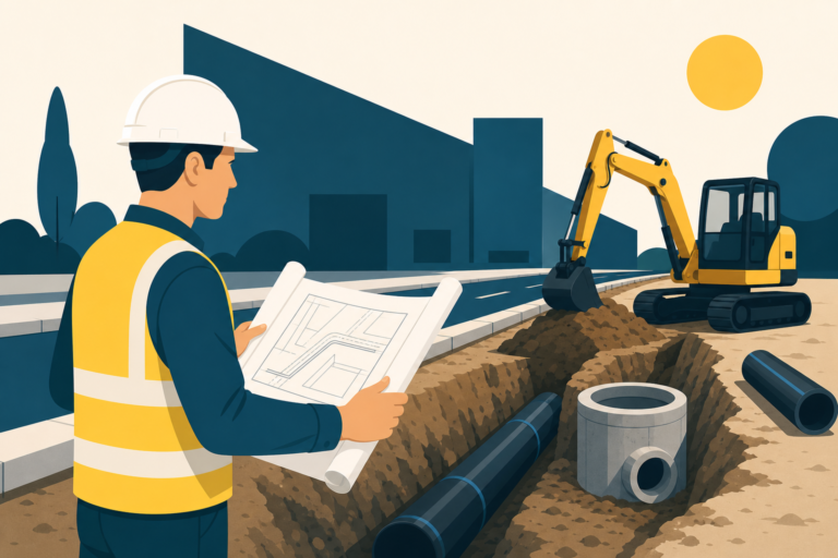 Conducteur de travaux TP sur chantier voirie et réseaux, illustration One Tilt