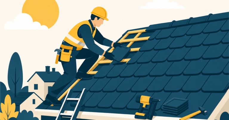 Couvreur posant des tuiles sur un toit, illustration One Tilt