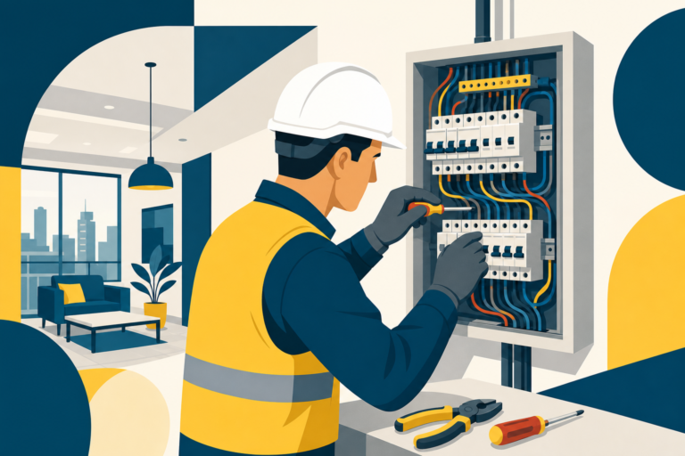 Électricien bâtiment au tableau électrique avec câbles et outils, illustration One Tilt