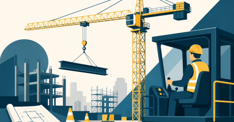 Grutier manoeuvrant une grue à tour sur un chantier BTP, illustration One Tilt