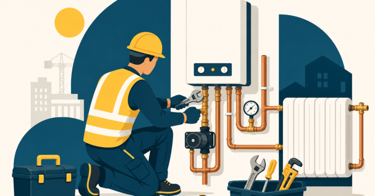Plombier-chauffagiste installant une chaudière et des réseaux sanitaires, illustration One Tilt