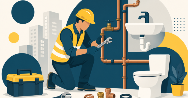 Plombier sanitaire installant tuyauterie et robinetterie, illustration One Tilt