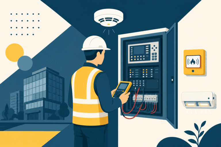 Illustration d'un technicien de maintenance SSI devant une centrale de détection incendie, avec détecteur de fumée et bloc BAES, style One Tilt