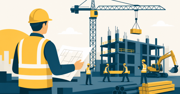 Chef de chantier supervisant un chantier avec plan à la main, illustration One Tilt
