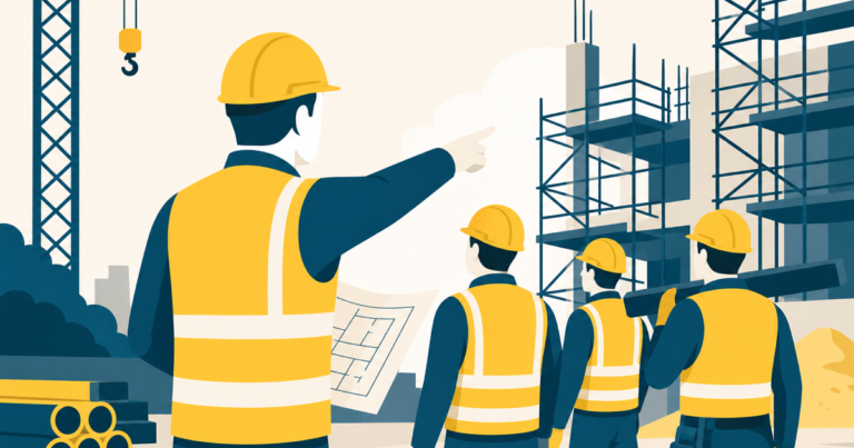 Chef d'équipe dirigeant son équipe sur un chantier BTP, illustration One Tilt