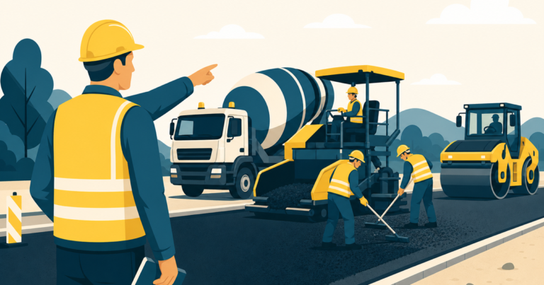 Chef d'équipe enrobés supervisant la pose d'enrobés sur chantier, illustration One Tilt