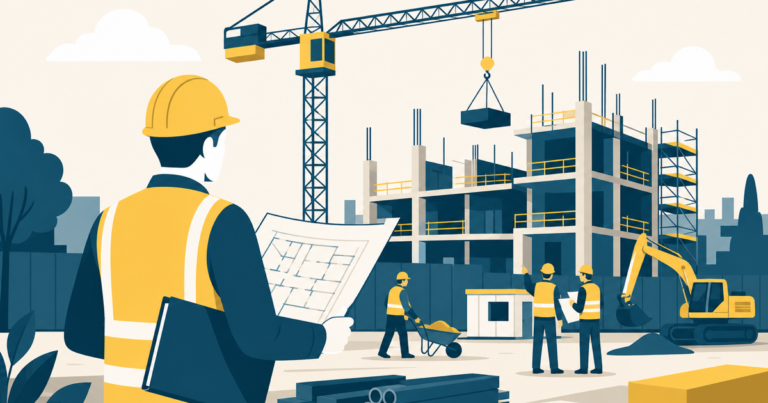 Conducteur de travaux pilotant un chantier BTP, illustration One Tilt