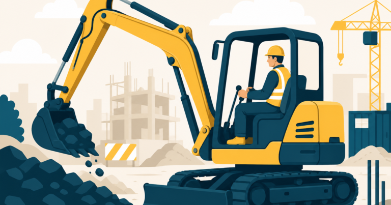 Conducteur d'engins de chantier aux commandes d'une pelleteuse, illustration One Tilt