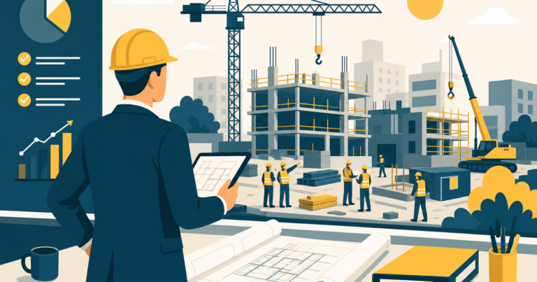 Directeur de travaux supervisant plusieurs chantiers BTP, illustration One Tilt