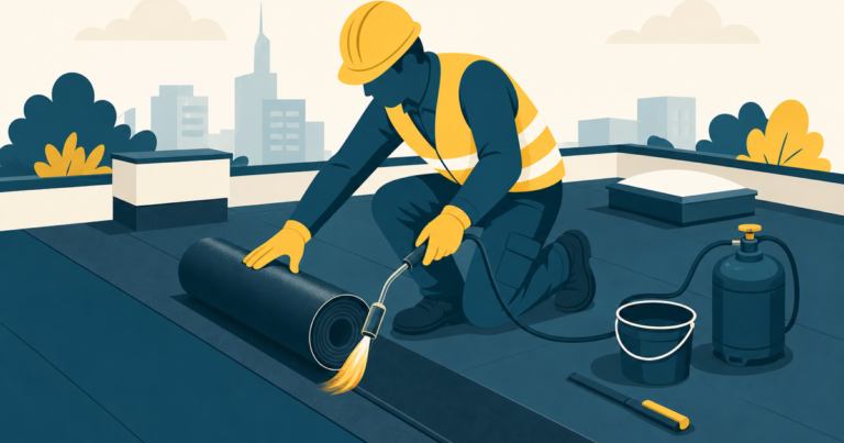 Étancheur posant une membrane sur une toiture terrasse, illustration One Tilt