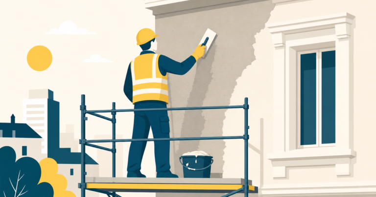 Façadier appliquant un enduit de ravalement sur échafaudage, illustration One Tilt