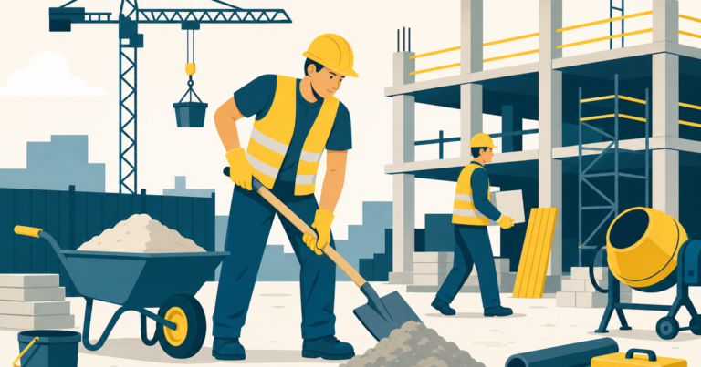 Homme de pied en manutention et préparation de chantier BTP, illustration One Tilt