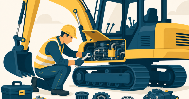 Mécanicien d'engins de chantier en maintenance sur pelleteuse, illustration One Tilt