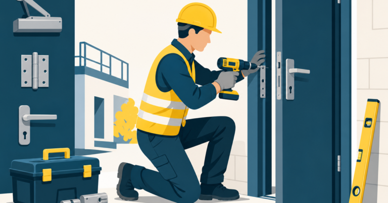 Serrurier-poseur installant une porte métallique, illustration One Tilt