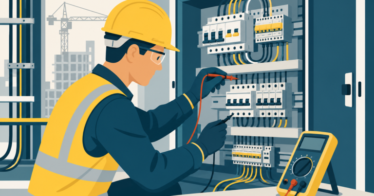 Technicien maintenance électrique intervenant sur armoire électrique, illustration One Tilt