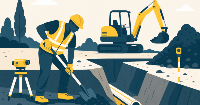 Terrassier travaillant sur une tranchée et un terrassement, illustration One Tilt